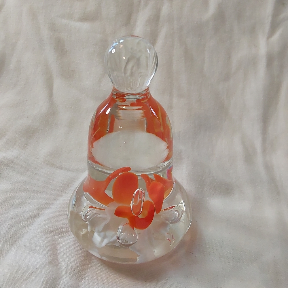 Vintage Joe St. Clair Bell Shaped Paperweight Orange Flowers